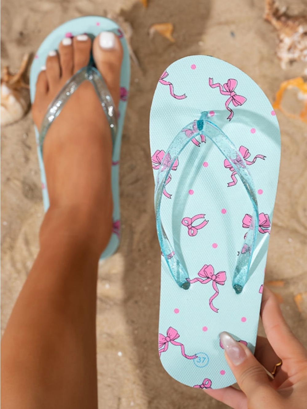 XoXo Aqua Flip Flops with Pink Bow Print ✨